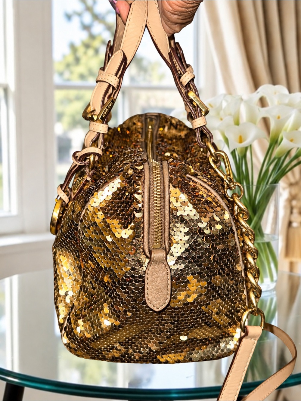 Michael Kors Gold Sequin Grayson Satchel Bag – Glam Metallic Satchel - Picture 5 of 10